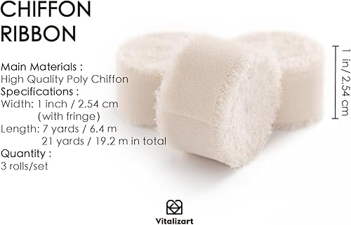 Miniatura 2 de Vitalizart Cinta de seda de gasa color nude claro de 1 pulgada x 21 yardas, paquete de tela con flecos (3 rollos x 7 yardas) para invitaciones de