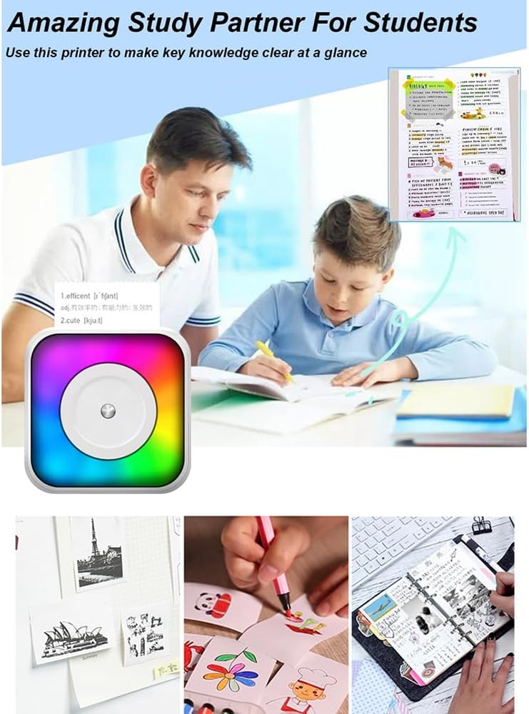 Mini Thermal Printer Multifunction Portable Sticker with RGB Instant Photo Inkless Printing Port BT Connection for Smartphone with 9 Thermal Paper Roll 57mm + 5 Self-Adhesive Paper