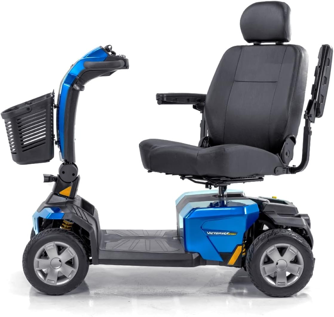 Side view of the Pride Mobility Victory LX Sport 4-Wheel Scooter in blue, showing the full profile from front to back.