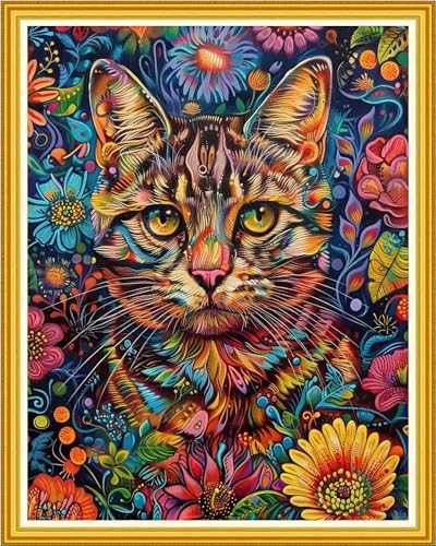 Magxvouy Cross Stitch Kits: 11CT Printed Embroidery Kit with Colorful Flower Cat