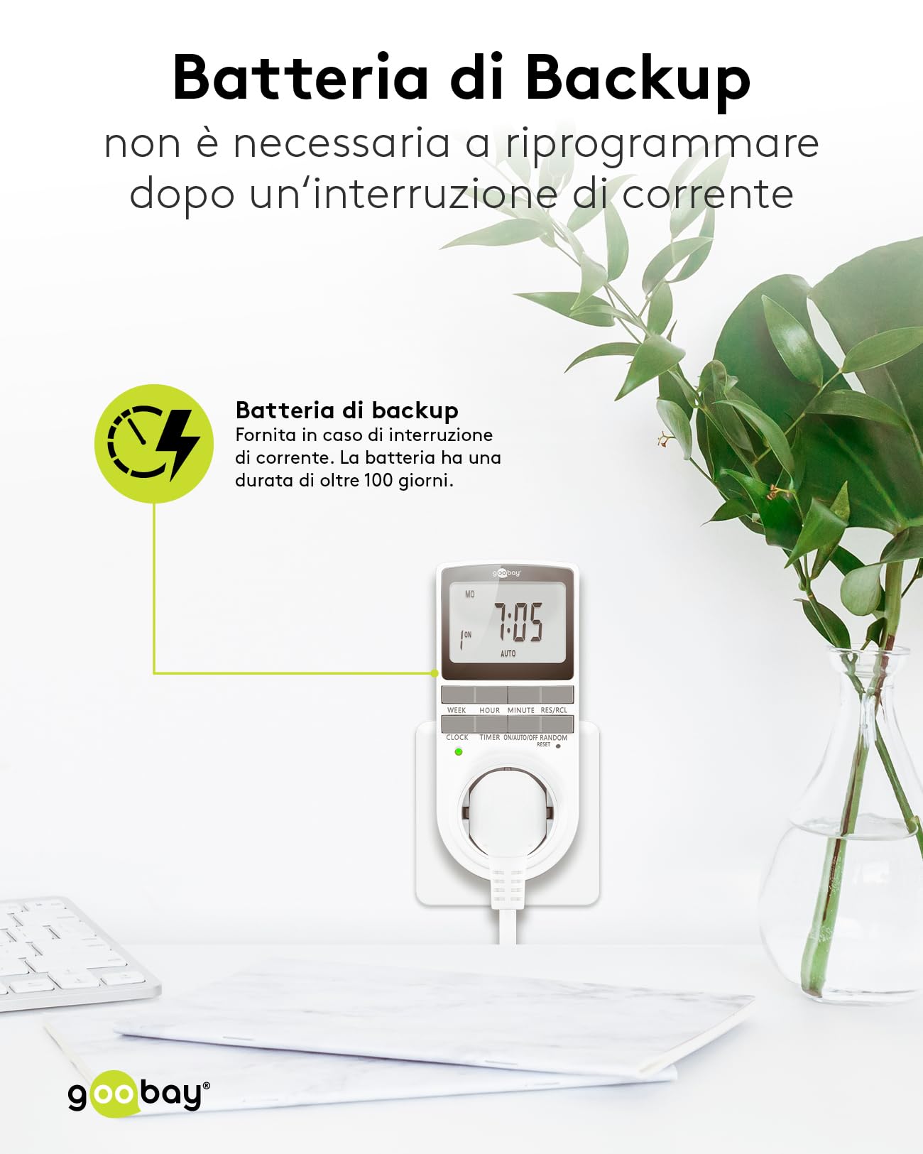 goobay - Set di 4 timer digitale con 16 programmi – Timer con modalità casuale per protezione anti-intrusione – Presa timer inclusa 100 giorni batteria back-up – 3680 W – 230 V (AC) – 16 A – 74217