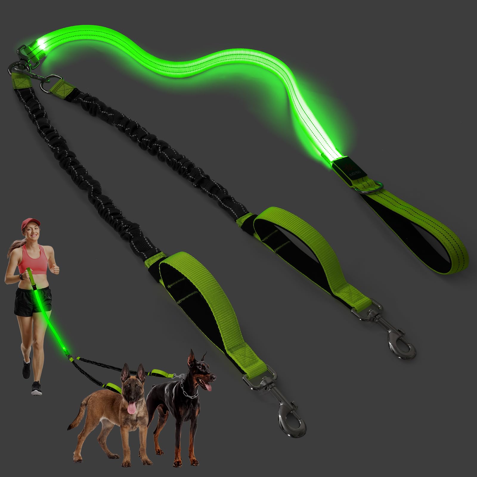 Correa doble LED para perro, correa giratoria de 360° para pasear perros, cómoda correa absorbente de golpes para perro, elástico extraíble reflectante para dos perros