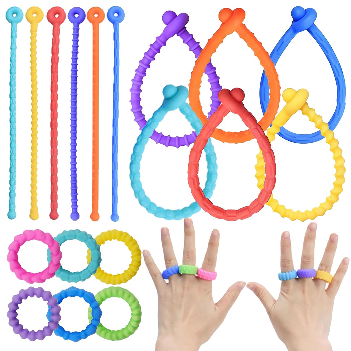 Fidget Sensory Rings,Sensory Fidget Toys Set for Autism & ADHD,12pcs Sensory Toys for Calming,Stretchy Fidget Rings and Bracelet,Anxiety Stress Relief Sensory Toys for Kids and Adults