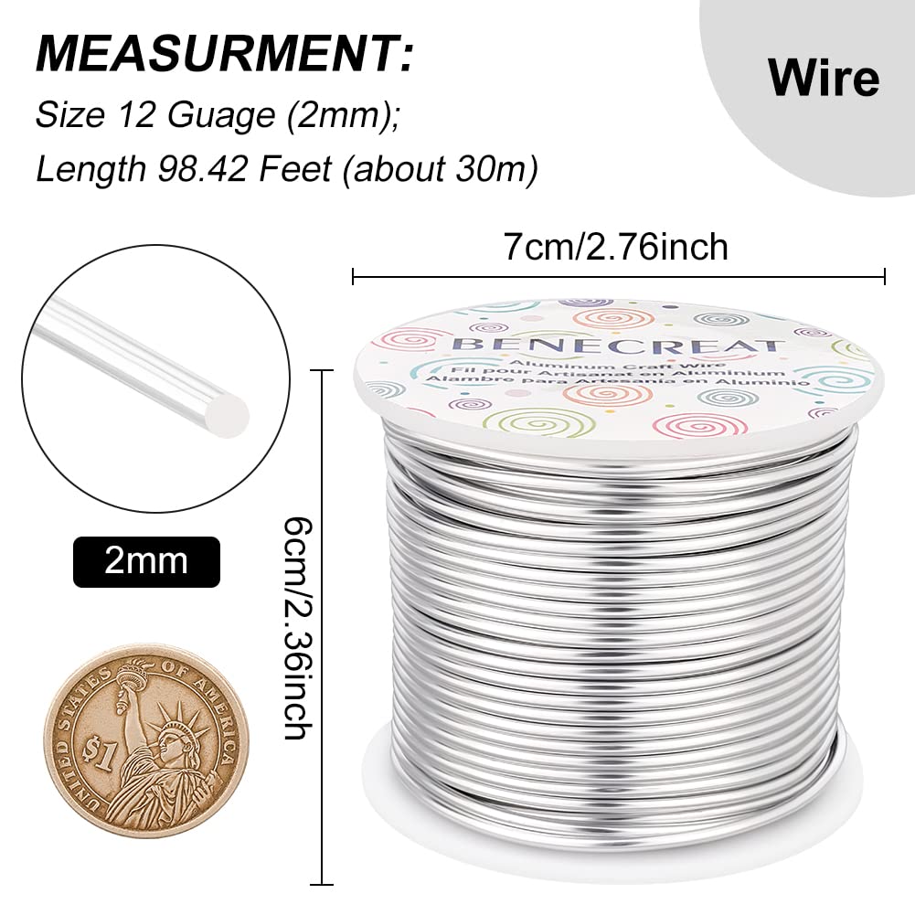 BENECREAT 12 17 18 Guage Aluminum Wire (12 Gauge 100FT) Silver Anodized Jewelry Craft Wire for Beading Floral Making, Jewelry Sculpting Model Making