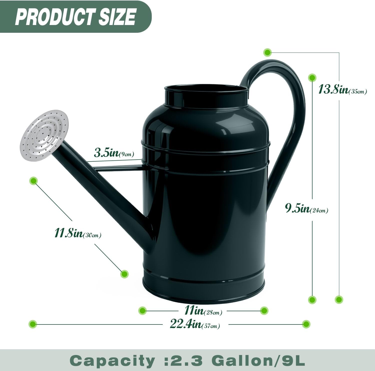 2.3 Gallon Dark Green Metal Watering Can for Plants and Garden with Removable Spout, Made of Galvanized Iron image 2