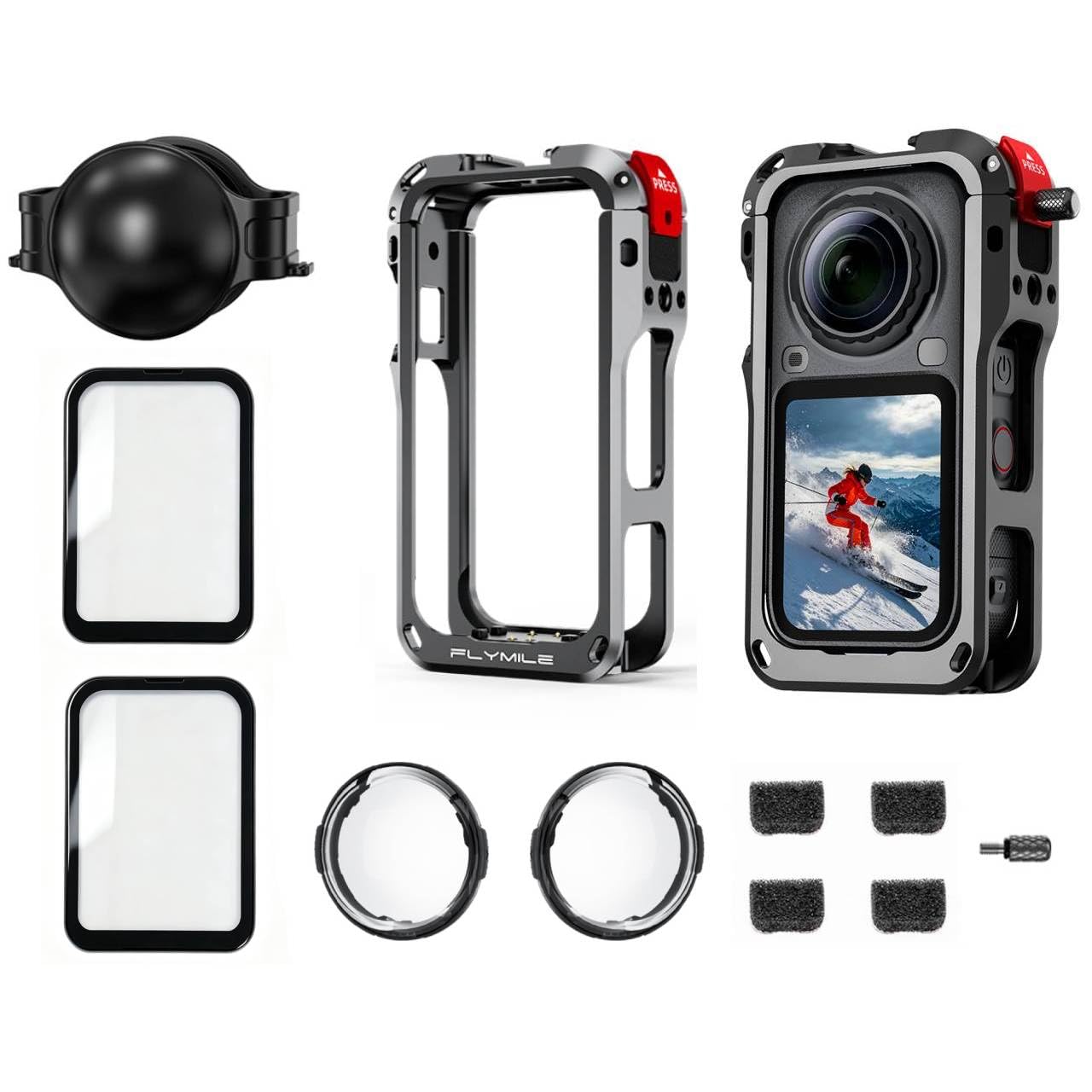 Zestaw akcesoriów ochronnych 6 w 1 do Insta360 X6, w zestawie osłona obiektywu premium Insta 360 X6, aluminiowa metalowa rama, 2 szt. ochraniaczy ekranu ze szkła hartowanego, akcesoria do zestawu