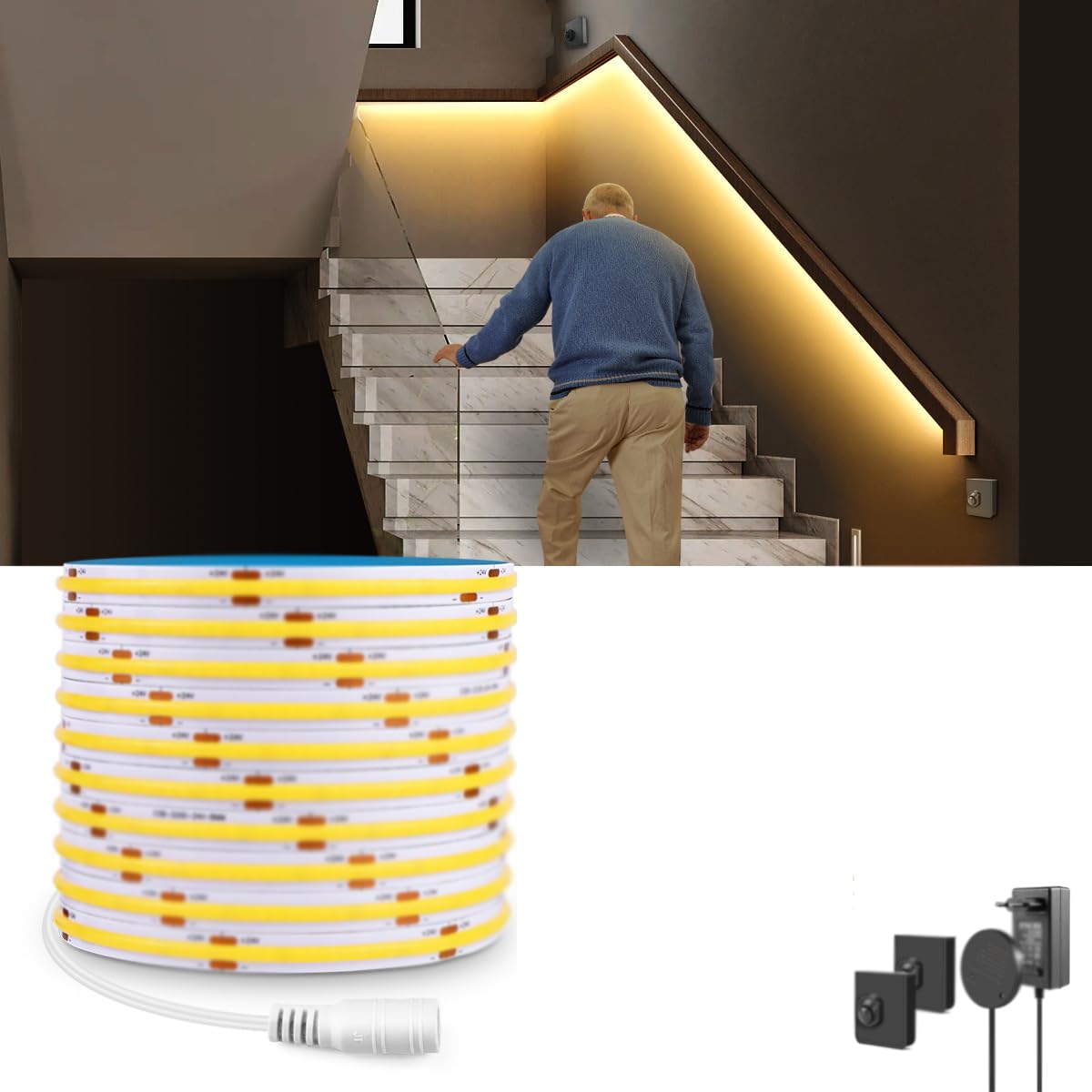 Striscia LED con 2 sensori di movimento 5M, 24V 320 LED/M con spina Striscia LED con alimentatore Autoadesiva 3000K Bianco caldo Luce attivata dal movimento per armadi Scale Corridoio,4500k,10M