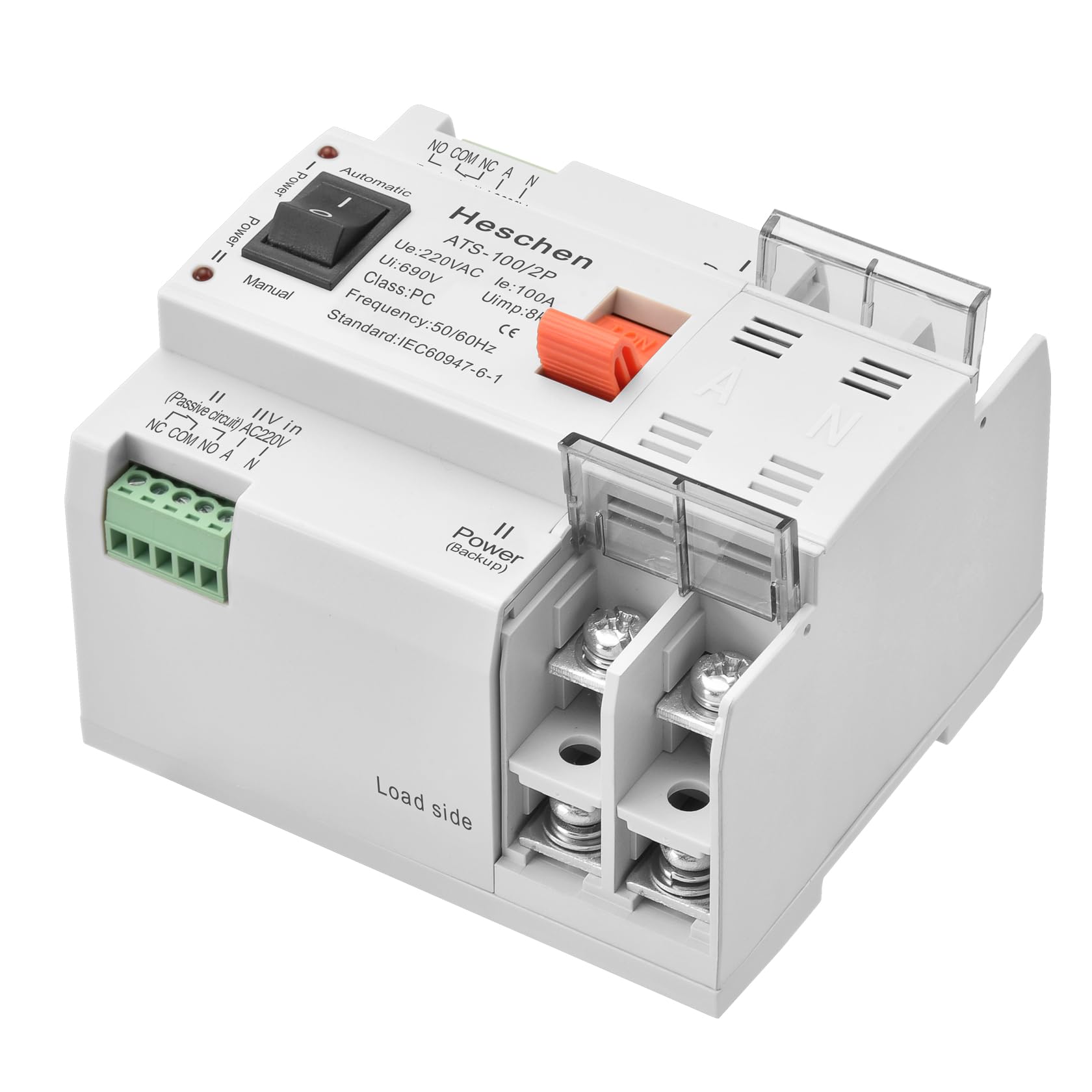 Heschen ATS Interruttore automatico a doppia corrente, ATS-100 2P 100A, 220 VAC, 8kV, classe PC, automatico/manuale, per la commutazione di circuiti elettrici