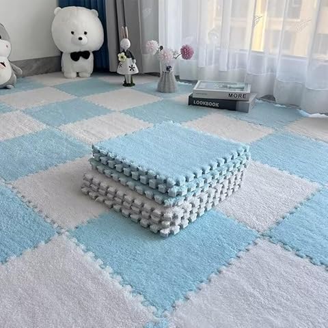 20pcs Plush Puzzle Foam Floor Mat, 11.8x11.8in Soft Anti-Slip Puzzle Area Rug Playmat for Room，White+Blue Cover
