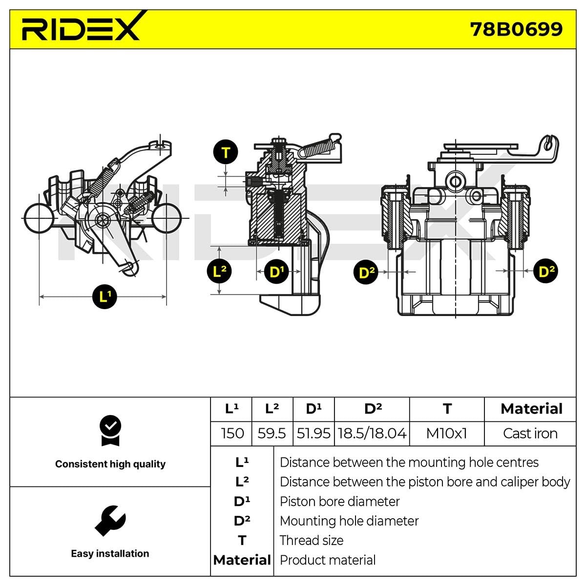 RIDEX 78B0699 Pinza de freno Trasero Derecha Trasero sin soporte Compatible con IVECO Daily VI Furgón