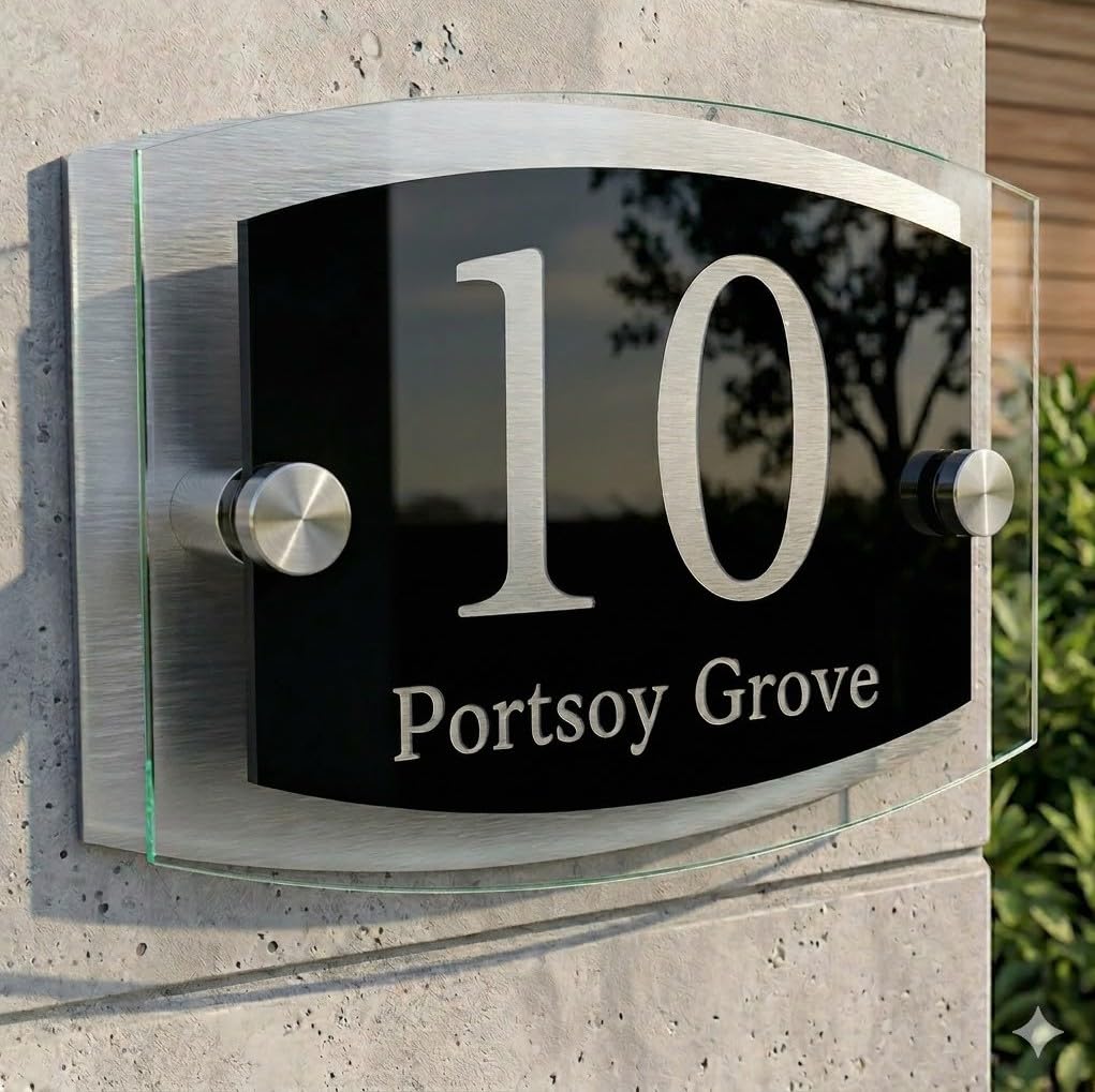 House Numbers Plaques Modern Black Door Plaques For Wall Address House Number Plates for Outside Personalised Front Door Number Perspex Acrylic Door Sign (Black Background & Clear Text)
