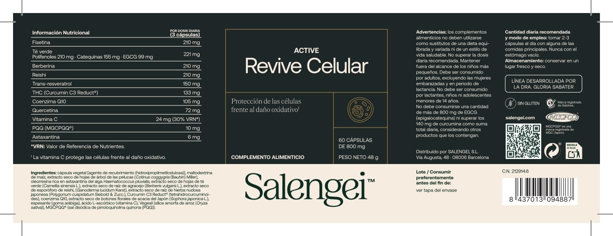 ACTIVE REVIVE CELULAR - Protección de las células frente al daño oxidativo | Fisetina, té verde, curcumina, reishi, resveratrol, quercetina, berberina, CoQ10, vitamina C, PQQ y astaxantina |