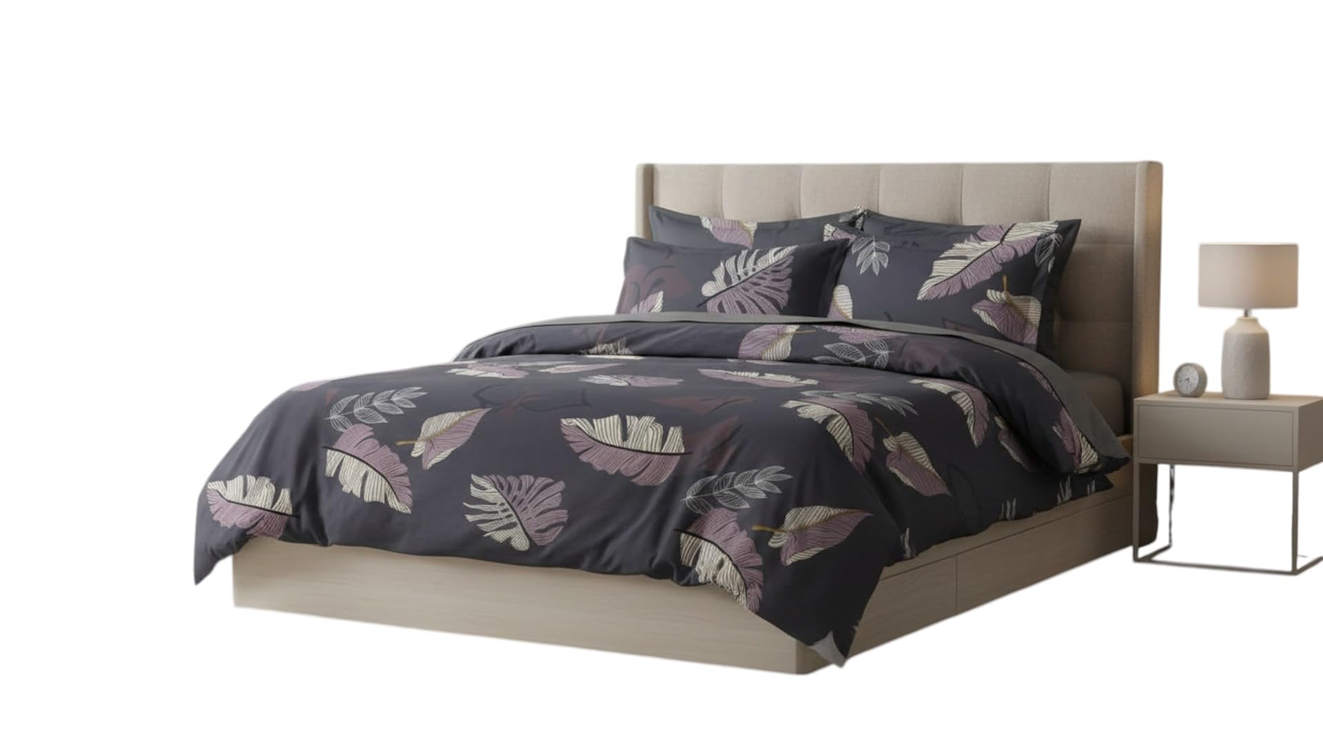 Tropical Leaf Print Comforter Bedding Set, Dark Grey | Botanical Pattern, With Pillow Covers, Bedroom Decor, Charcoal & Purple, Soft Bed Cover-image-0