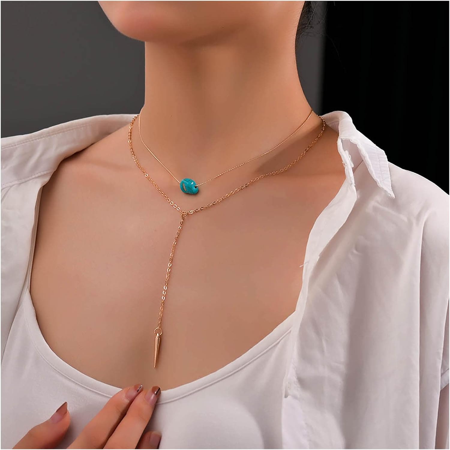 Andelaisi Boho Layered Turquoise Choker Necklace Vintage Cone Y Lariat Necklace Gold Spike Bar Chain Necklace Blue Natural Stone Pendant Necklace Jewelry for Women - Image 2