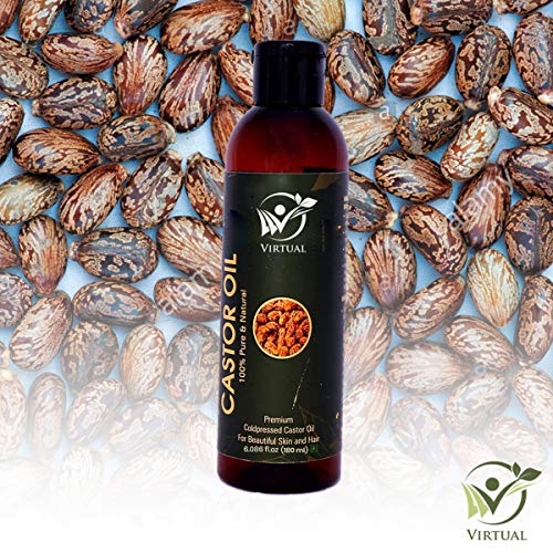 Image of VIRTUAL 100% Pure Castor Oil For Stronger Hair, Skin Care, Moisturising Dry Skin, Eyelash & Nails Cold Pressed Oil With No Mineral & Silicones (180ml)