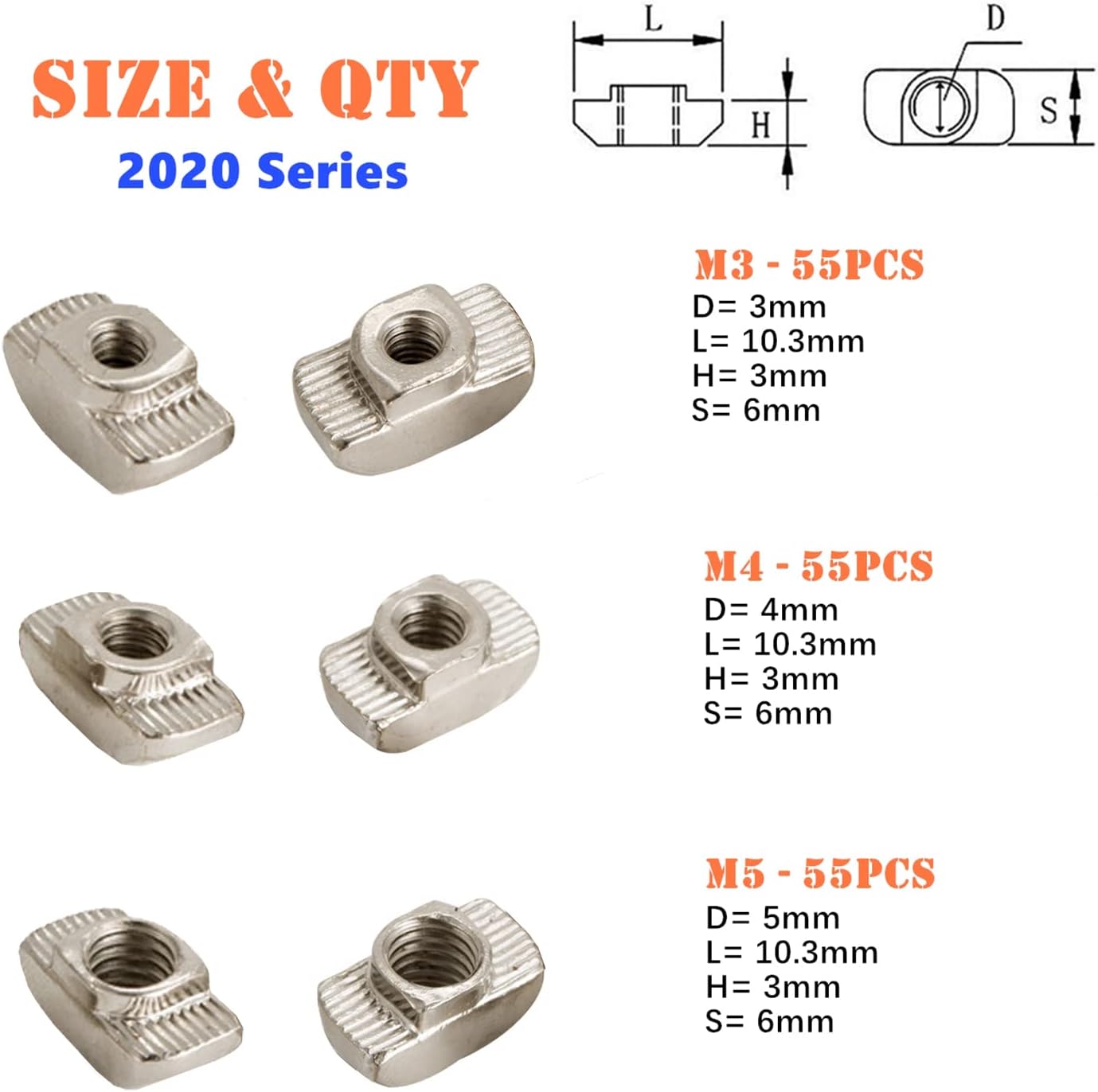YMAISS 165Pcs M3 M4 M5 Hammer Head Drop in T Nut Slot Assortment Kit for 2020 Series Aluminum Profile - Nickel Plated Carbon Steel