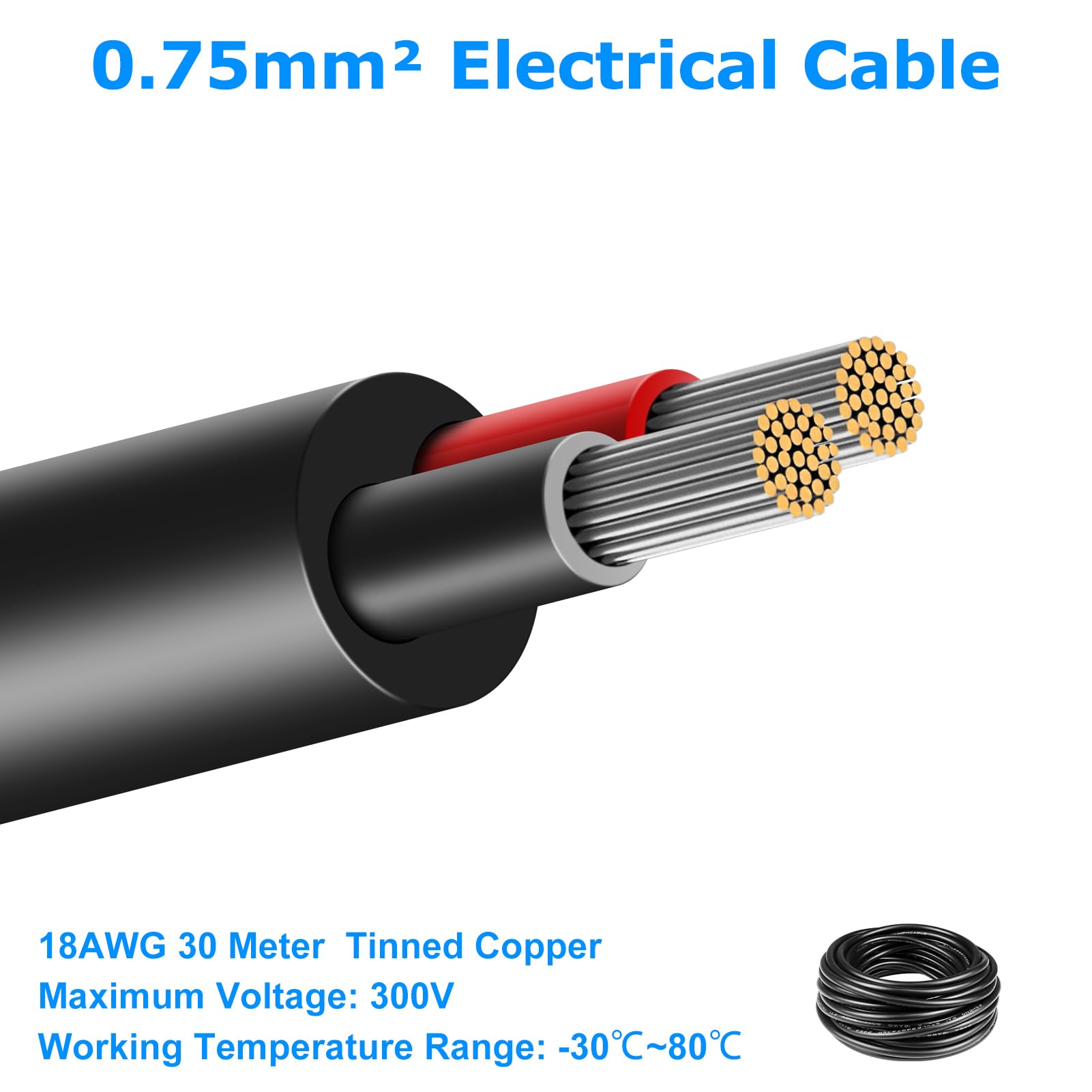 LightingWill Cable eléctrico de 2 núcleos, calibre 18, calibre 18, 2 x 0,75 mm², calibre 18, 5 V/12 V/24 V/240 V/300 V, cable de extensión de bajo voltaje, cables de cobre estañado, cable flexible