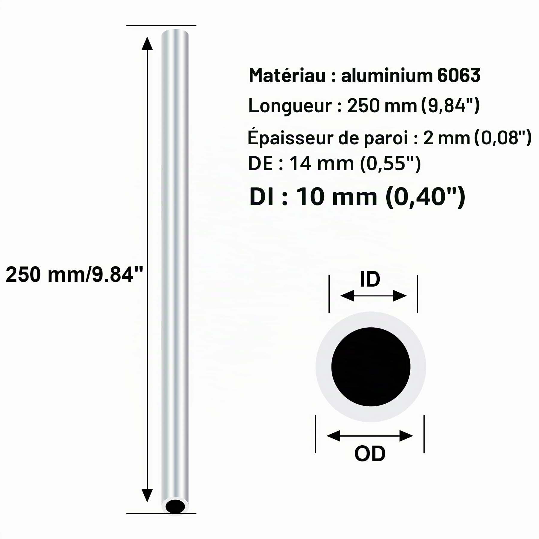 Lot de 3 tubes ronds droits en aluminium 6063, longueur 250 mm, diamètre extérieur 14 mm, diamètre intérieur 10 mm (ID) pour industriel, décoratif, architectural