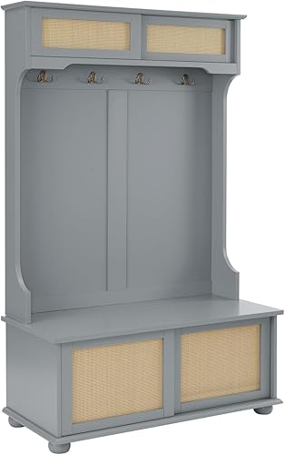 Miniatura 6 de Polibi Árbol de pasillo con puertas corredizas, zapatero de madera con banco de almacenamiento y estantes ajustables, perchero con 6 ganchos de