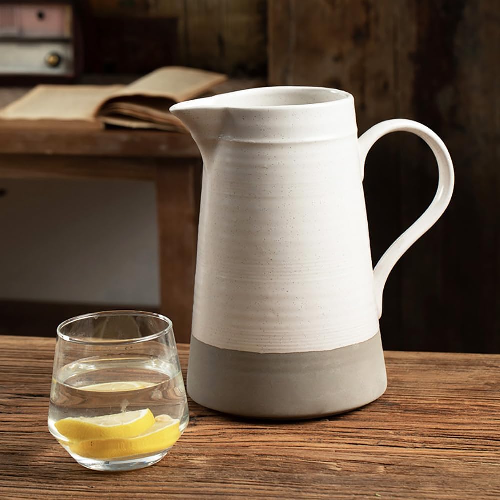 65oz/1.8L White Ceramic Pitcher Large Water Pitcher for Home Decor and Beverages - Vintage Rustic Farmhouse Ceramic White Jug or Flower Vase,B
