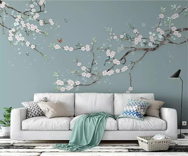 Wajade Pink Flowers Birds Wall Decals Watercolor Pink Peach Blossom Birds on The Tree Branch Wall Stickers Removable Self-Adhesive Wall Art Stickers for Living Room Bedroom Hallway Home Decoration