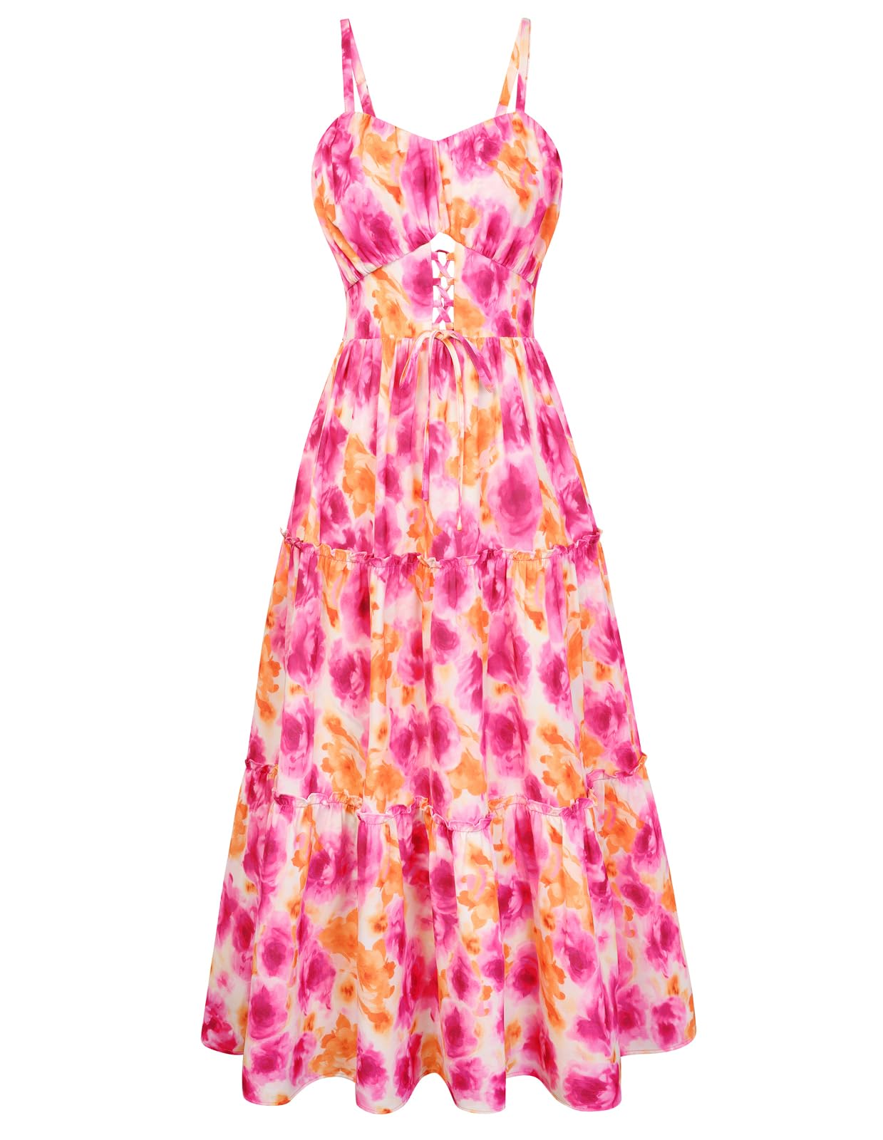 GRACE KARIN 2026 Women's Spaghetti Vacation Sundress Summer Beach Flowy Boho Floral Maxi Dresses with Pockets Rose Orange Floral XXL