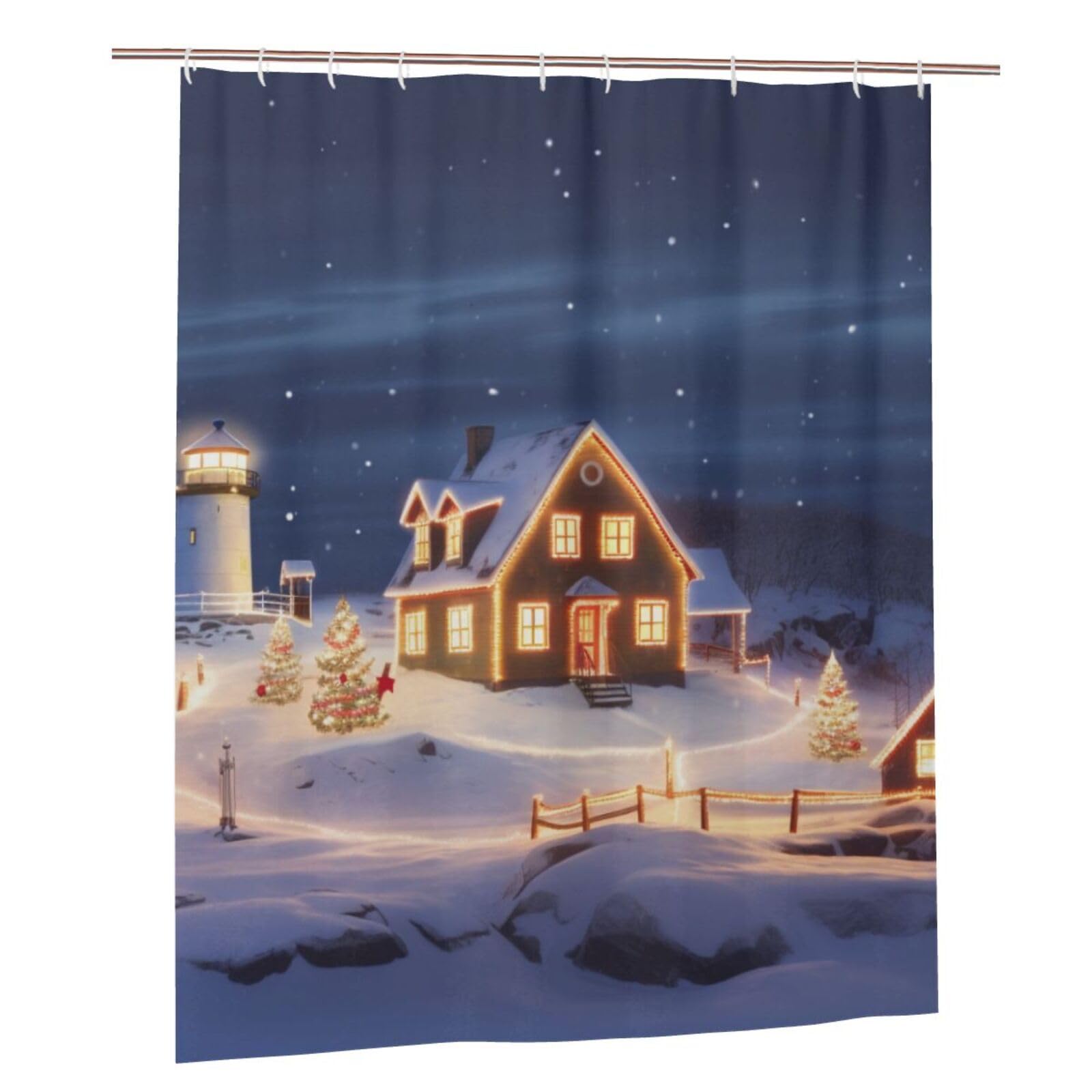 BWWHCCTI Christmas Scenery Printed Shower Curtain With 12 Plastic Hooks Opaque Quick Drying Waterproof Shower Curtains Sets For Bathroom 152x183 Cm