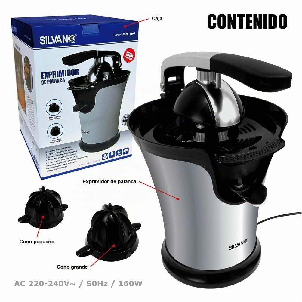Exprimidor Eléctrico Silvano, Exprimidor de Naranjas con Palancas de Presión, Extractor Zumo 160W, Boquilla de Acero Inoxidable con Sistema Antigoteo, Base Antideslizante, Apto Lavavajillas