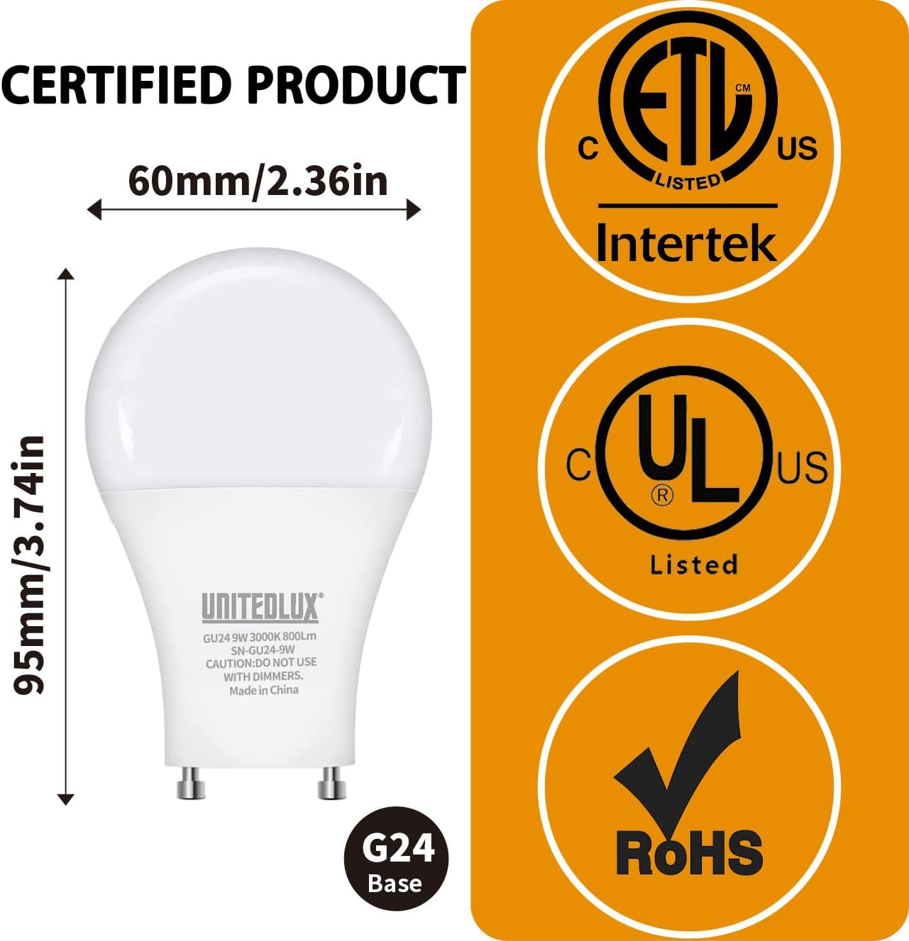 GU24 LED Light Bulb, 3000K Warm White, 9W(60W Equivalent), 800 Lumens, A19 Shape, Twist and Lock GU24 Pin Base with Two Prongs, Non-Dimmable, UL ETL Certificated (3000K Warm White, 8Count)