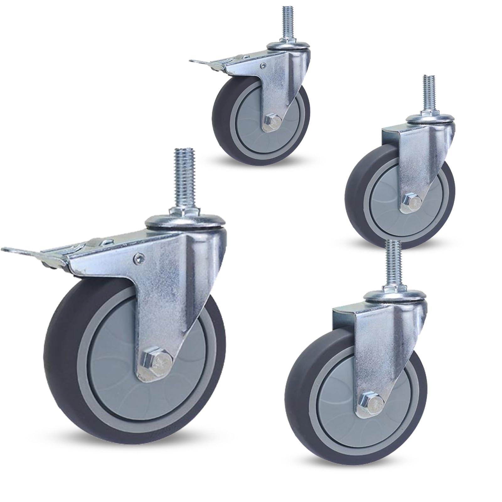 Kółka pneumatyczne, Zestaw 4 kółek skrętnych z hamulcem, 3 cale/4 cale, gwint M12x30 mm, udźwig 30 kg(Swivel+brake,4in)