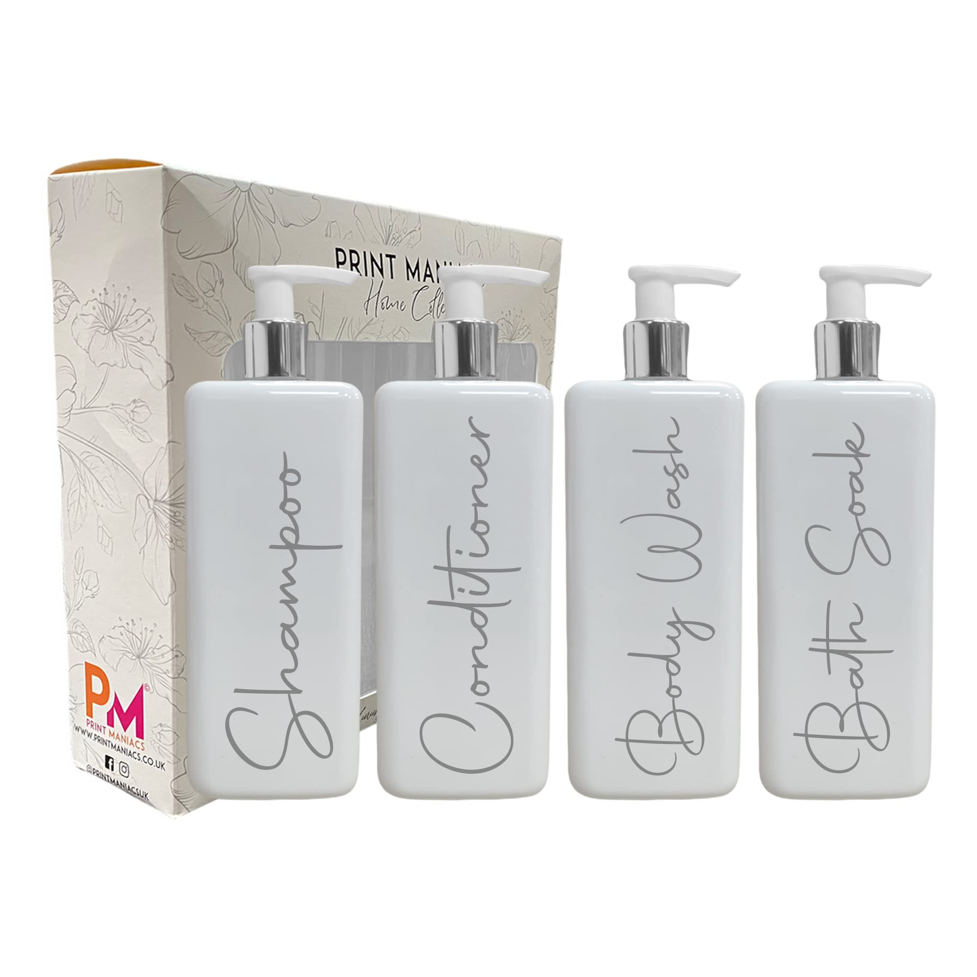 Print Maniacs Mrs Hinch Inspired Signature White 500ml Square Reusable Dispenser Bottle Silver Pump Personalised Bathroom Storage Toiletries Set F2 (Grey, Shamp, Con, Body Wash, Bath Soak,)