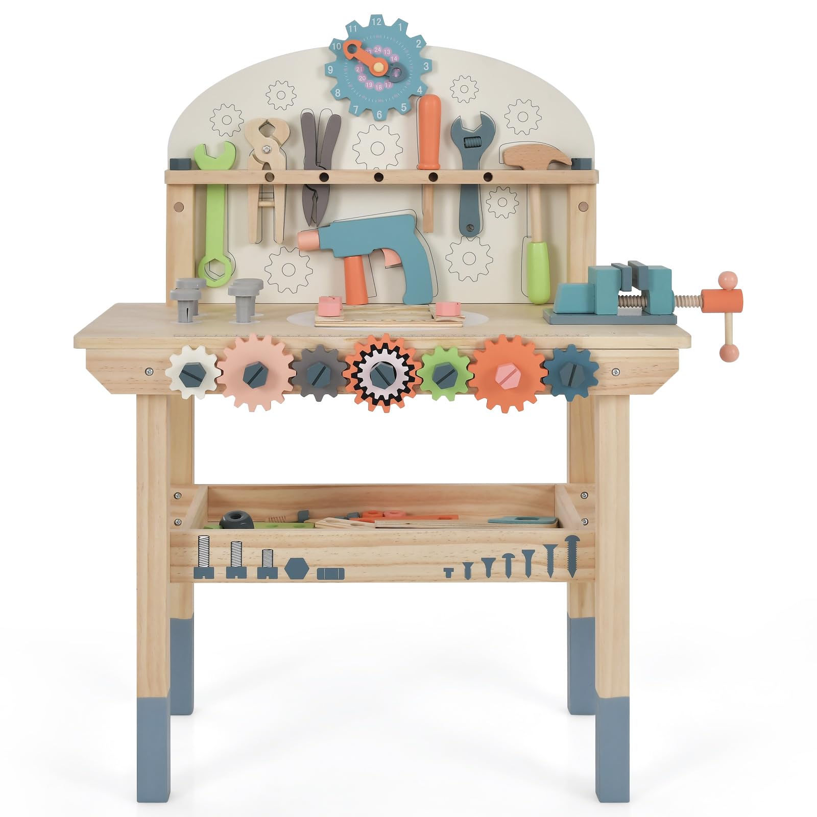 GOPLUS - Juguete de banco para niños, juego de imitación con 53 piezas, accesorios multicolor, banco de madera con estante de almacenamiento, juguete educativo para niños y niñas de 3 años