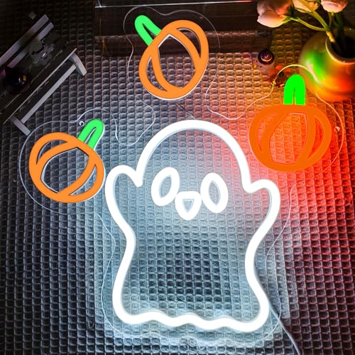 Image of Ghost Neon Sign Halloween Neon Sign with Animated Pumpkin Throwing Effect Lighted Display,Dimmable Pumpkin LED Neon Light halloween Door Porch Wall Decor