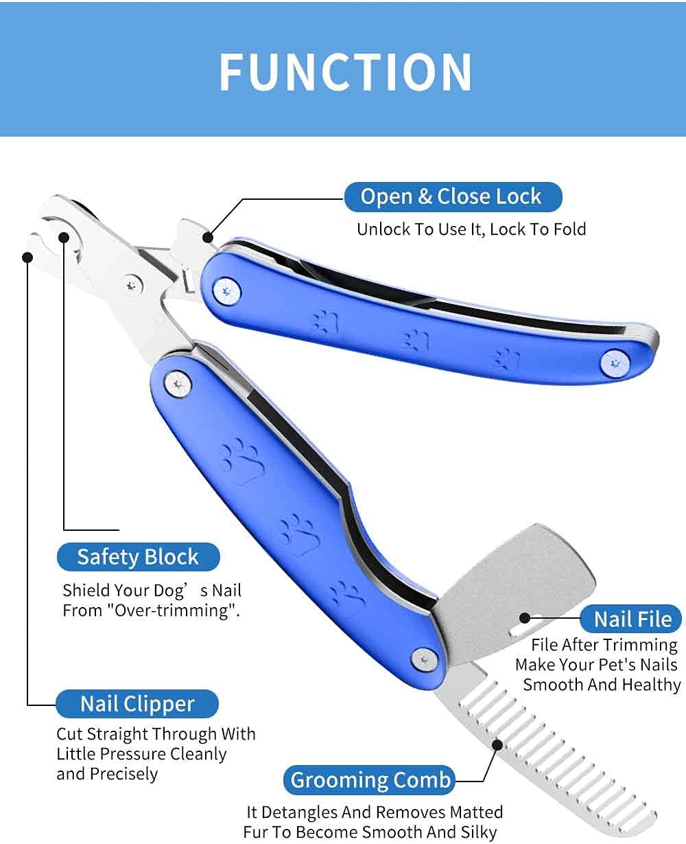 Dudi 2021 Designed 3 in 1 Premium Multifunctional Dog Nail Clippers with Razor Sharp Blade,Safty Guard,Nail File for Claw Care and Comb for Hair Grooming, Suited for Small,Medium and Large Breeds