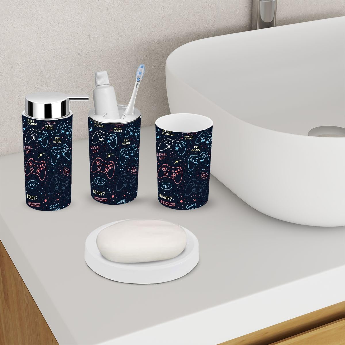 Bathroom Accessory Set 6 Piece Seamless joysticks Gamepad Slogan Text for Prints Other uses Toothbrush Holder, Toothbrush Cup, Soap Dispenser, Soap Dish, Toilet Brush Holder, Trash can