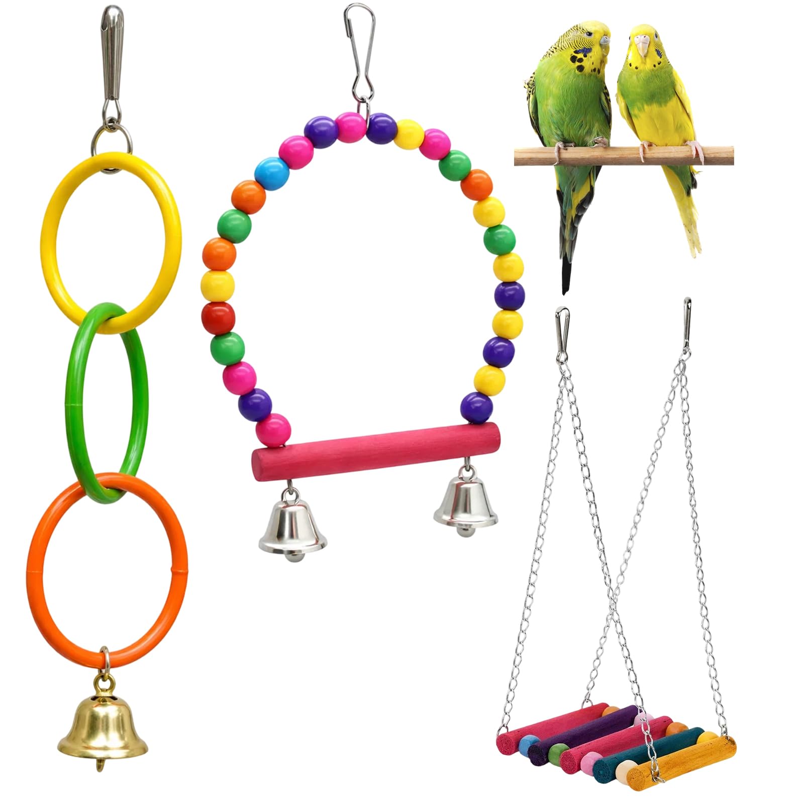 3 Pack Budgie Toys, Parrot Toys Set, Colorful Wooden Toy, Cage Accessory for Chewing Climbing and Hanging Parrot Conure Cockatiel Lovebird Parrotlet