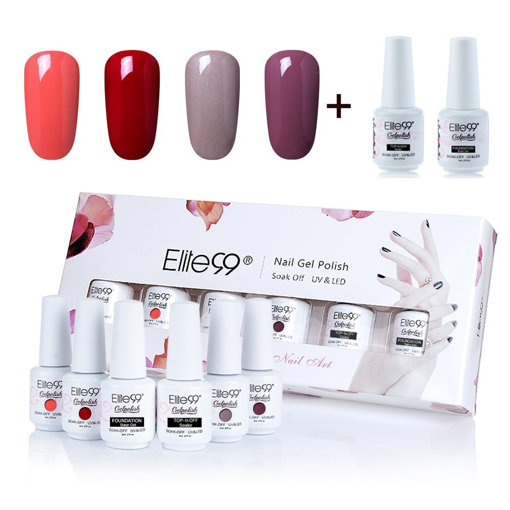 Elite99 Gel Polish Soak Off UV LED Gel Nail Polish with Top Coat Base Coat Nail Art Box Set of 6 8ml C038