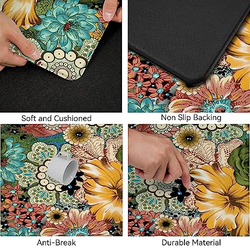 Boho Floral Kitchen Rug Set Of 2 Colorful Flowers Anti Fatigue Non-Slip Kitchen Floor Mats Comfort Standing Bohemian Mat Waterproof Farmhouse Sink Laundry Pvc Carpet(17.3 X 28 Inch+17.3 X 47 Inch) #TOP4
