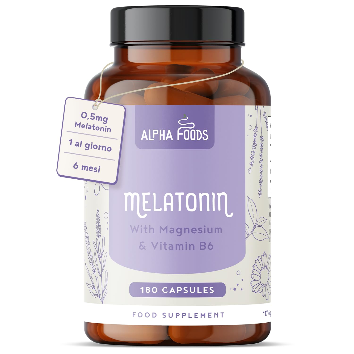Melatonina 0,5 mg | 180 Capsule | Integratore Sonno con Magnesio, L-Triptofano, Passiflora, Lavanda, Camomilla e Vitamina B6 | per dormire e Jet Lag | Favorisce il Rilassamento | Alpha Foods