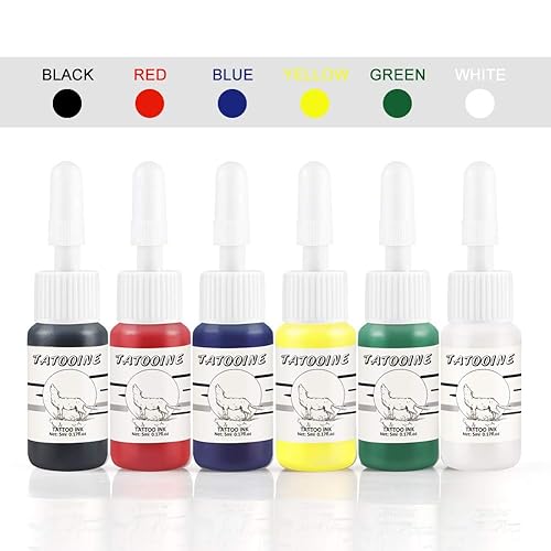 Juego de 6 piezas de tinta de tatuaje, 0.2 fl oz, pigmento de tatuaje profesional, maquillaje, tinta roja, amarilla, negra, tintas de arte corporal