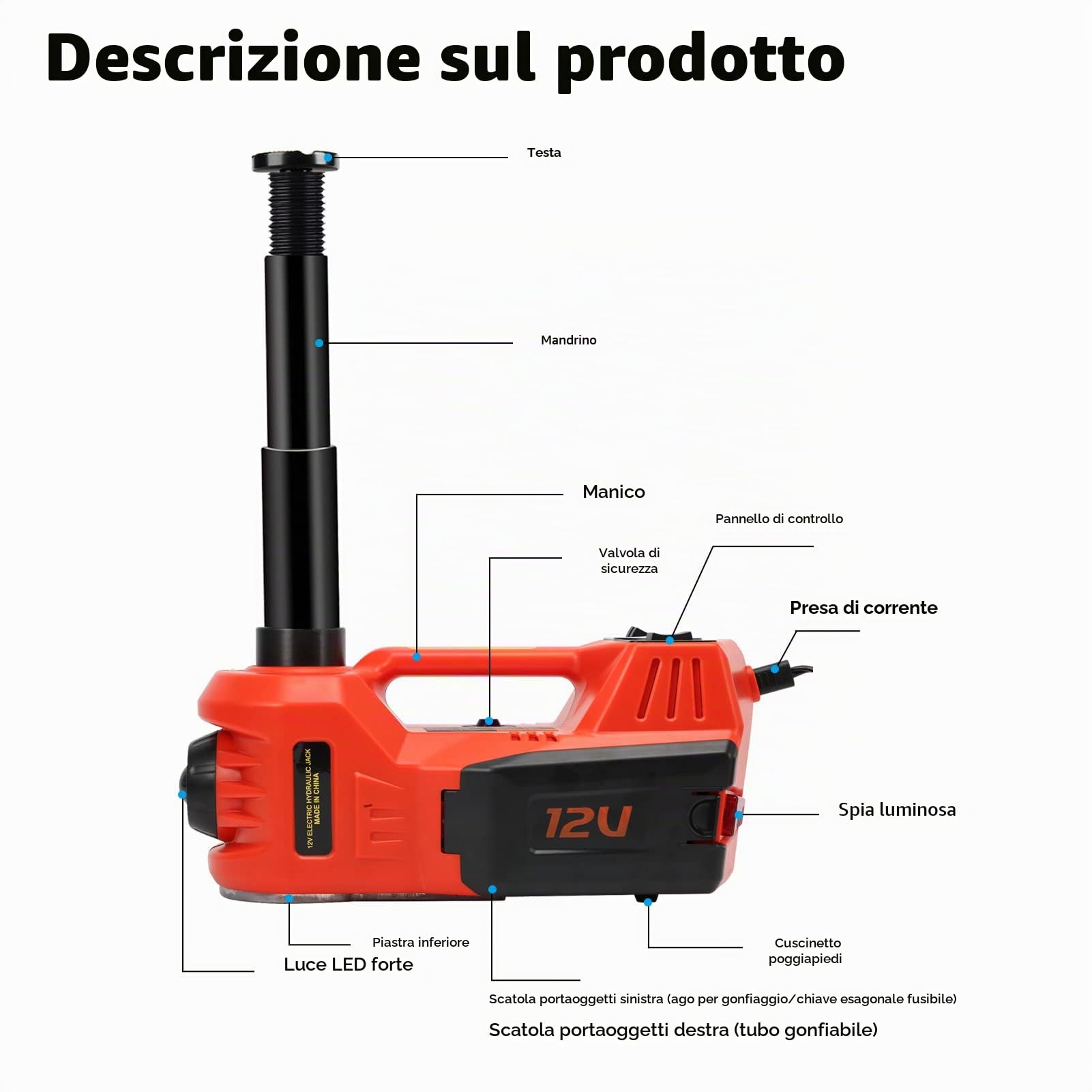 Cric Elettrico Idraulico 12V 5T con Pompa Gonfiabile e Luce - Strumento di Cambiamento Pneumatici per Auto SUV e Officine di Riparazione di Emergenza