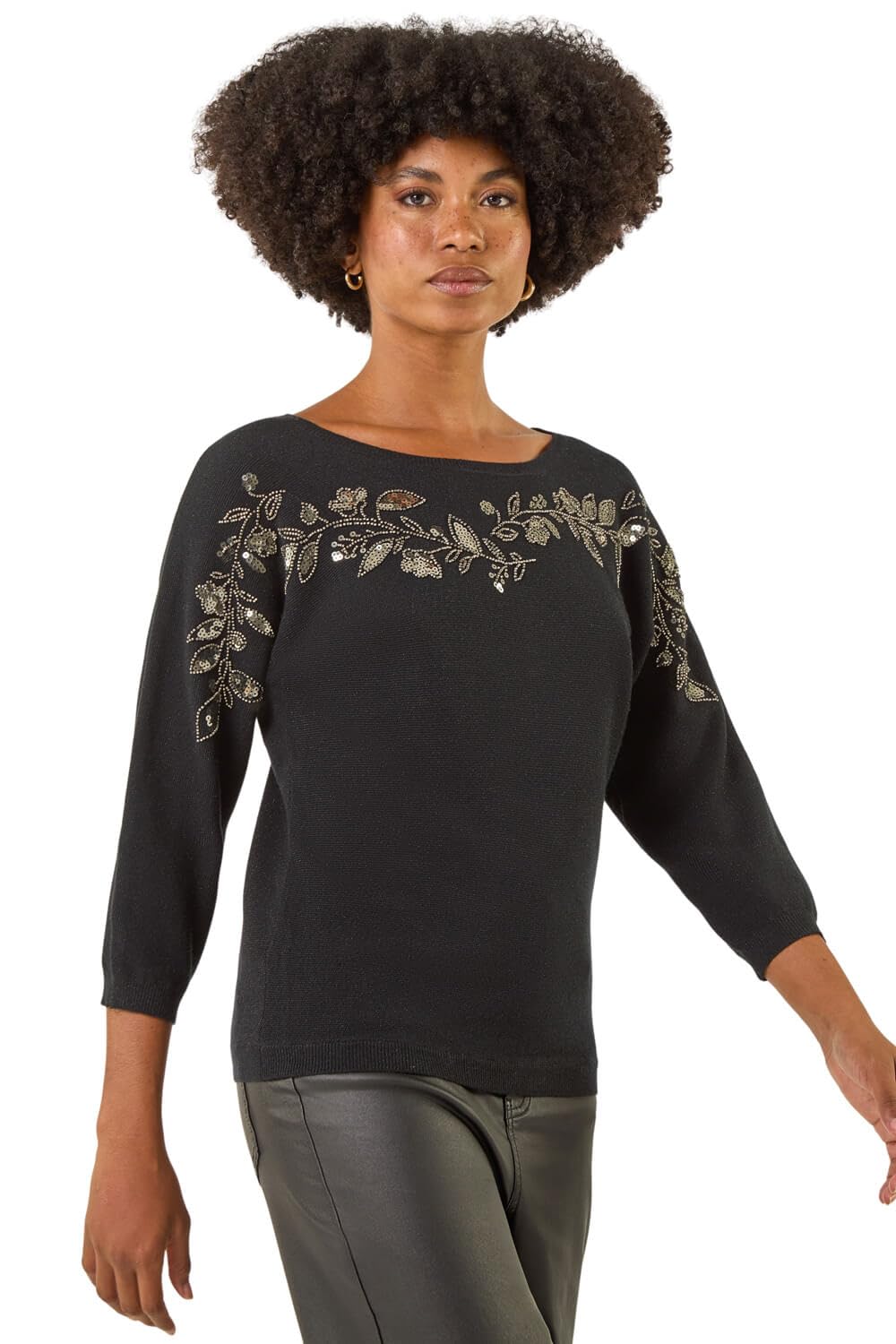 Roman Women's Black Embellished Floral Sequin Knit Jumper Size 16