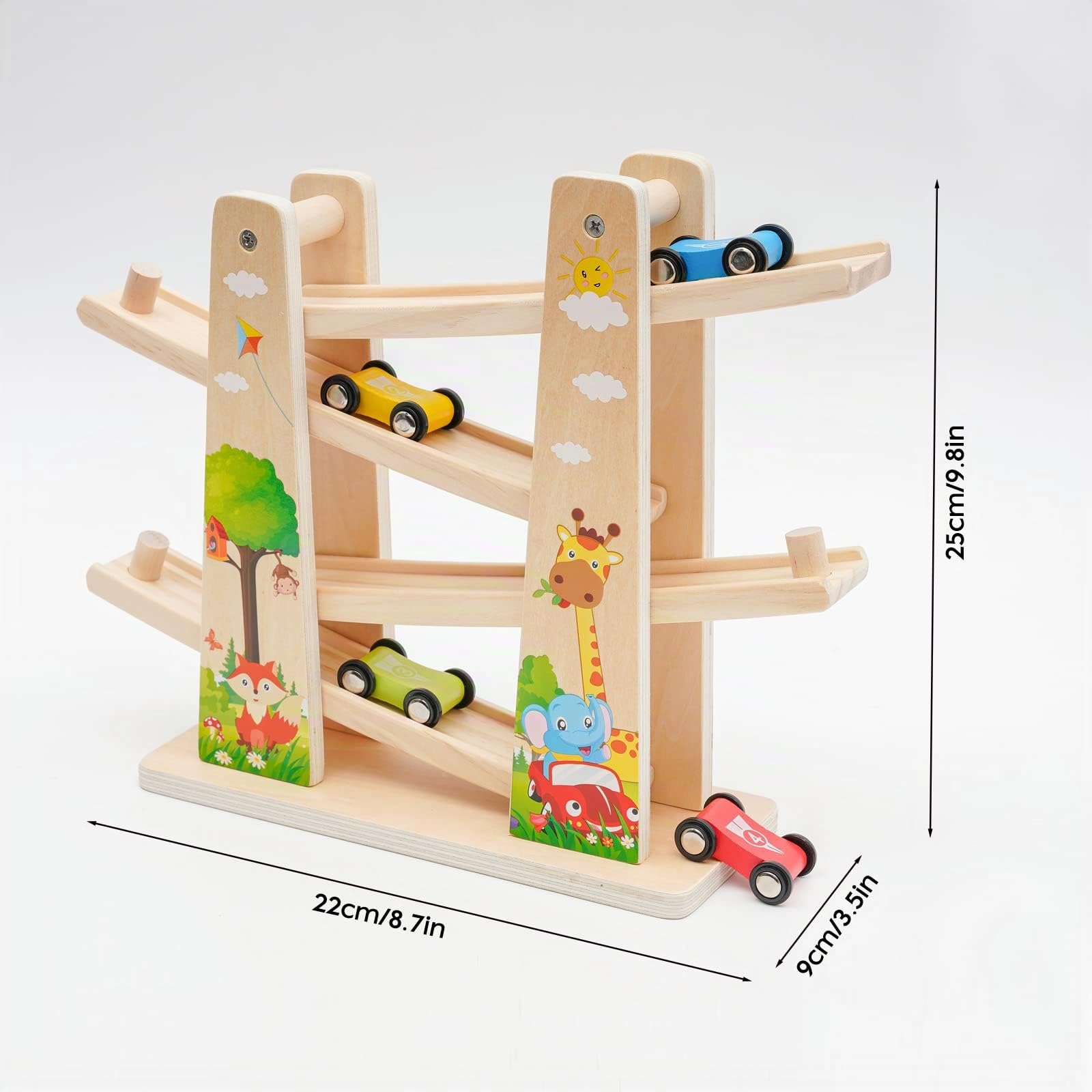 Juguete Rampa Coches Madera Pura con 4 Coches |Juguetes para Autos niños |corredera para Autos |Pista Coche Madera Regalo de Juguete Educativo para 1 2 3 4 años