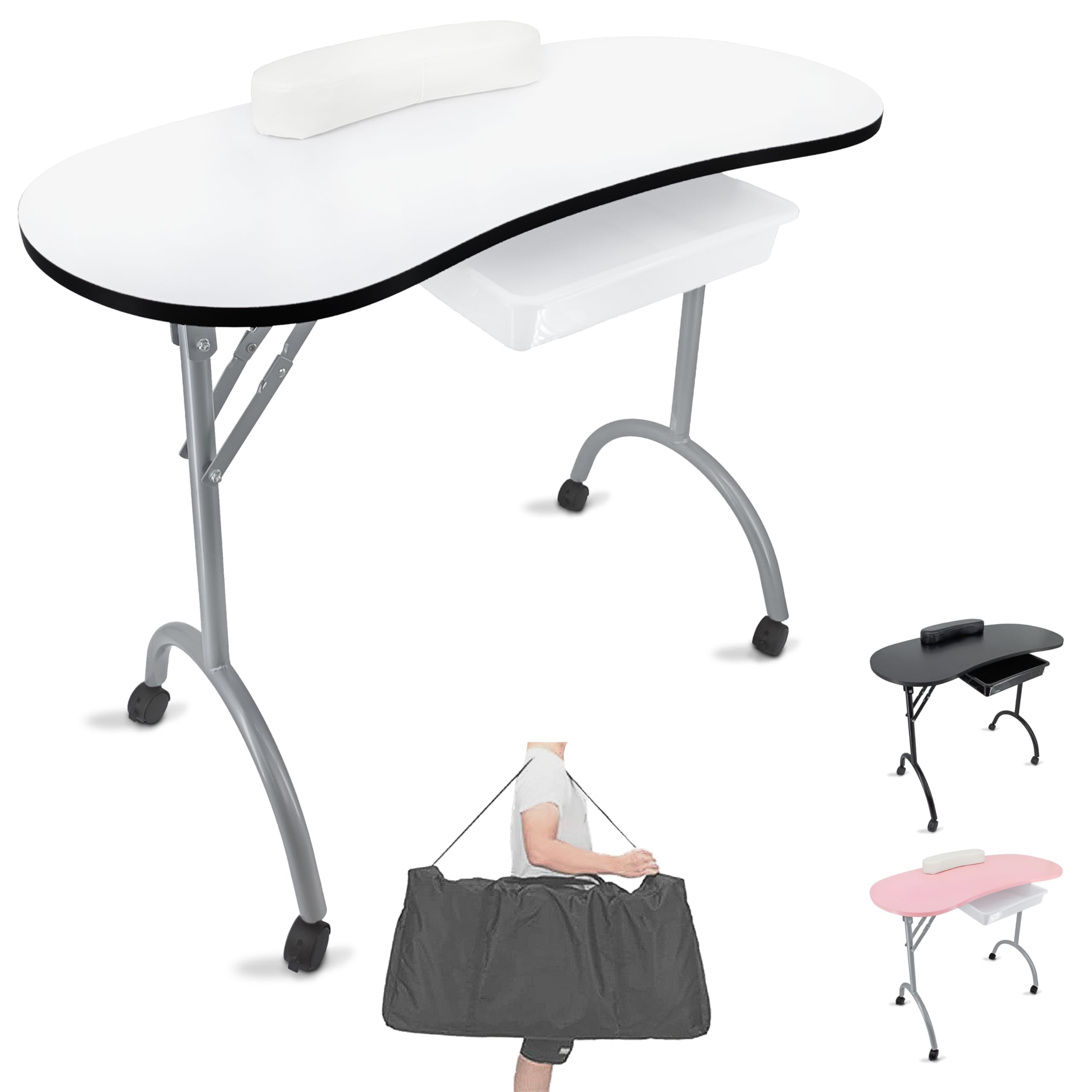 Beltom® Tavolo Manicure Professionale Pieghevole con CASSETTO, Cuscino POGGIA Polsi E Borsa PESA Solo 9,5 kg-Dimensioni 98x44x77 CM-RICOSTRUZIONE Unghie Estetista Nail Art ONICOTECNICA-Bianco