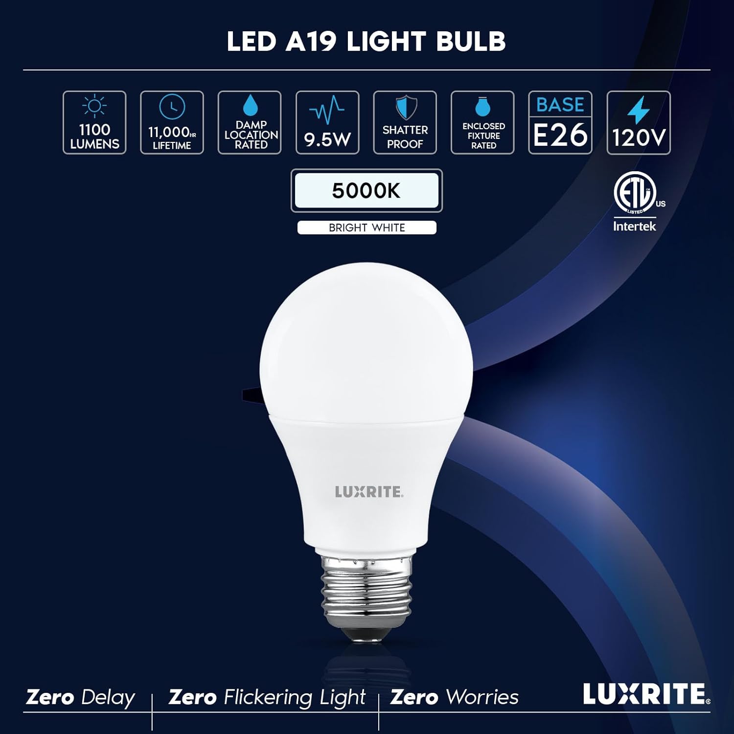 LUXRITE A19 LED Light Bulb 75 Watt Equivalent, 5000K Bright White, 1100LM, Non-Dimmable, Standard LED Light Bulbs, 9.5W, E26 Base, Enclosed Fixture Rated, Damp Rated, ETL Listed (16 Pack)