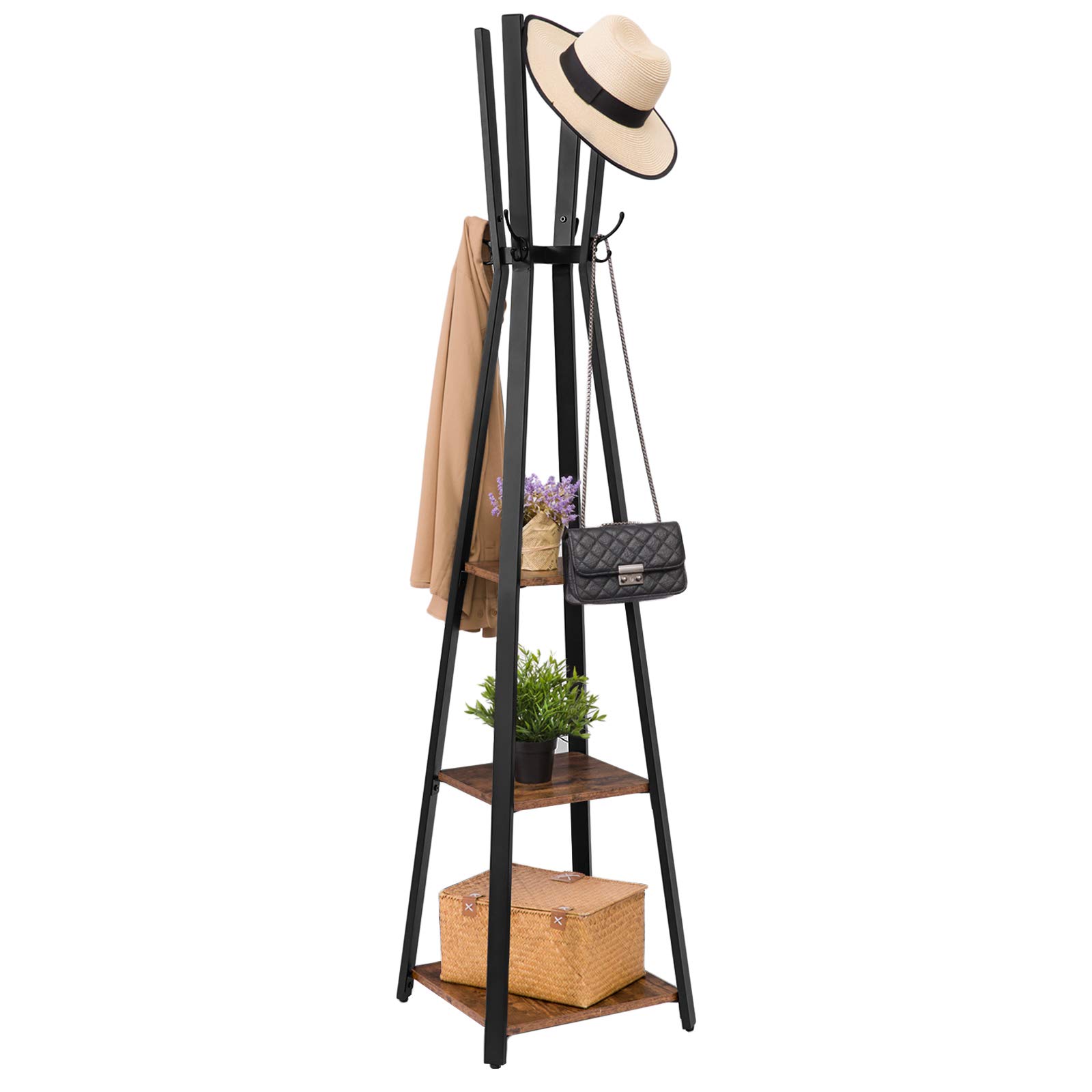 HOOBRO EBF82YM01 Kapstok, kledingrek, garderobe met 4 haken en 3 planken, vrijstaande kledingstang, stabiel, ruimtebesparend, industrieel, voor kleding, hoeden, tassen, hal