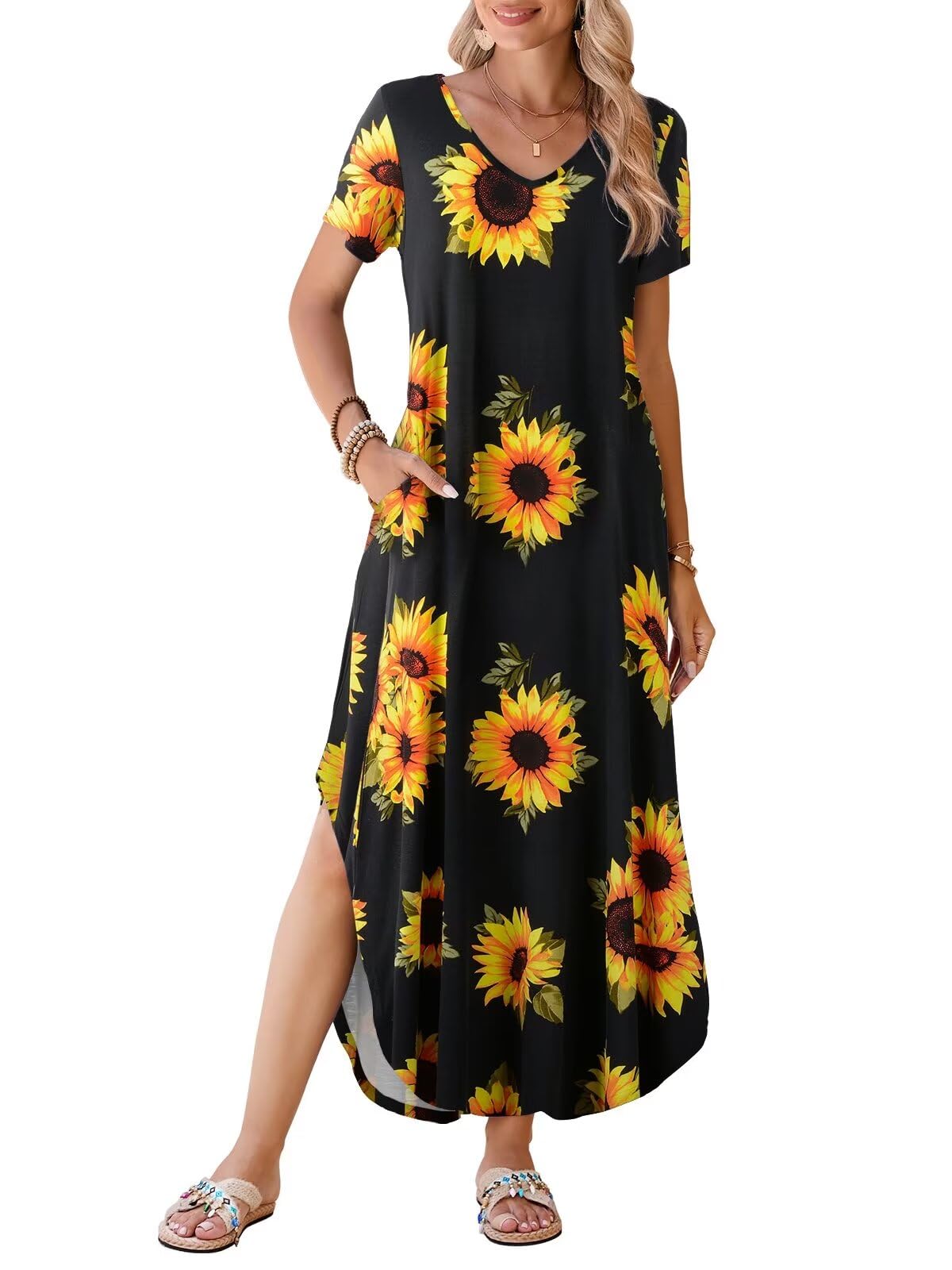 BELAROI Womens Plus Size Maxi Dresses Summer T Shirt Dress Casual V Neck Short Sleeve Long Dress Loose Fit Pockets Split