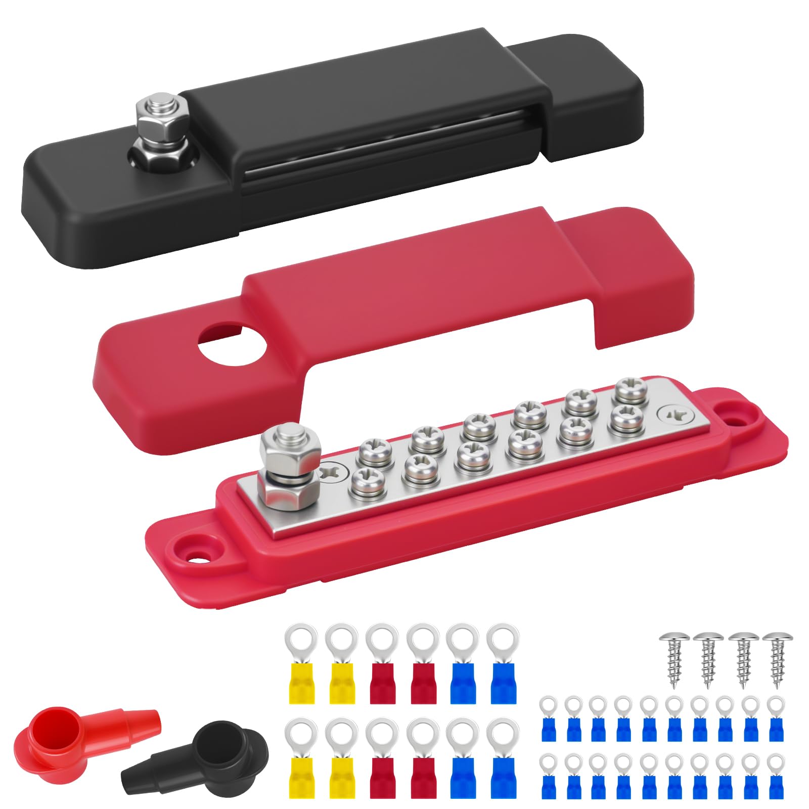 Stromverteilungsblock 150A 12V 1/4" Marine-Bus-Automobilstangen-Batterie Bus-Terminalblock mit Abdeckung für Solarververbindung von Schiff und Auto (schwarz + rot)