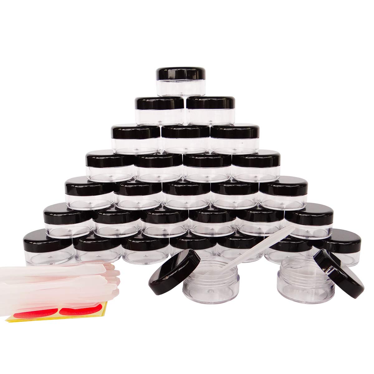 30Pack 10 Gram Small Clear Cosmetic Sample 10ml Empty Containers for Make-up Gifts, Eye-shadow, Nails, Powder, Gems, Beads, Jewelry, Cream, Pot Jars with Black Lids +30x Dispensing Spoons+ 30x labels
