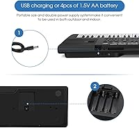 Vista 5 de Teclado de piano de 61 teclas, teclado electrónico portátil de música con micrófono, soporte para partituras de música y fuente de alimentación